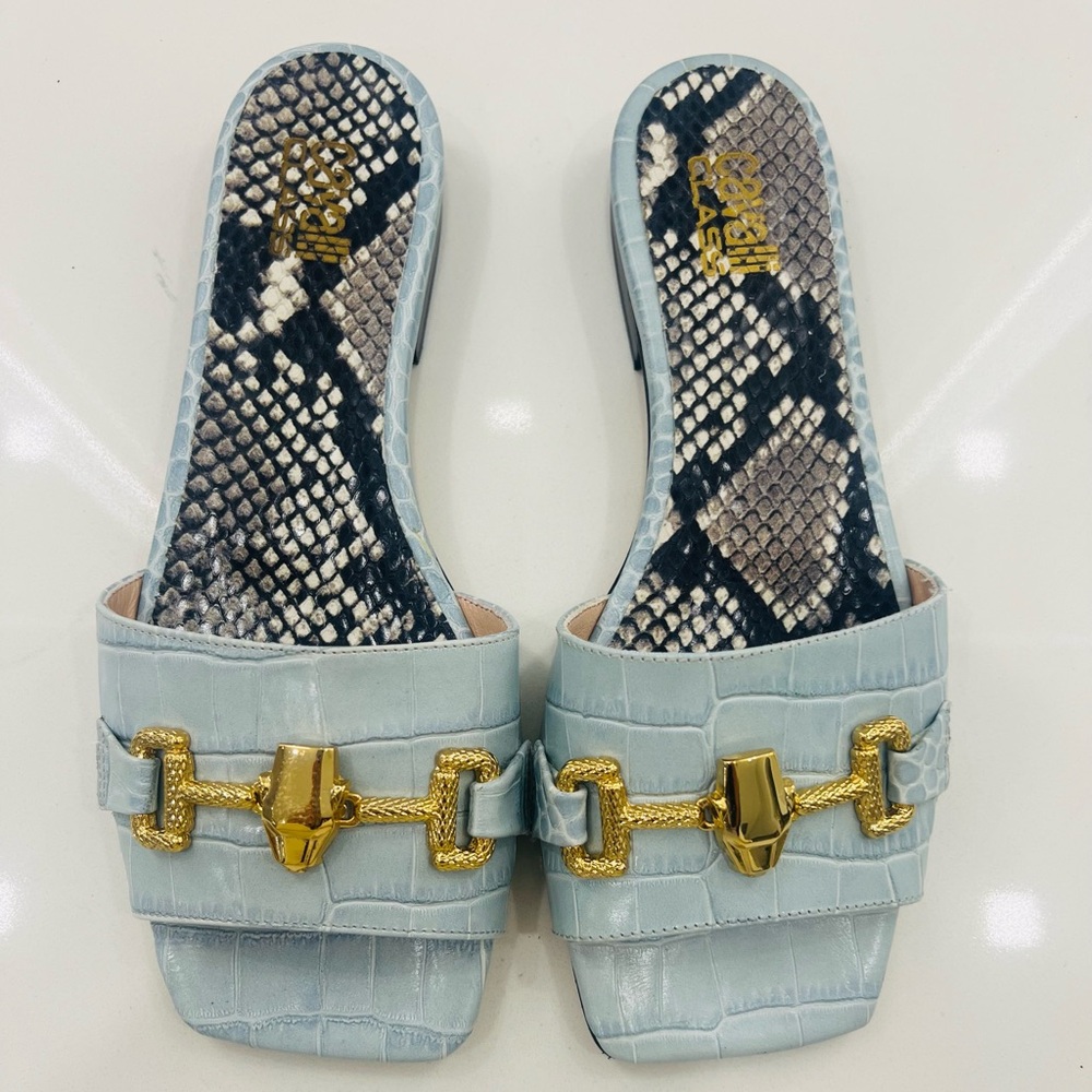Cavalli Class Light Blue Sandals with Gold Accent
